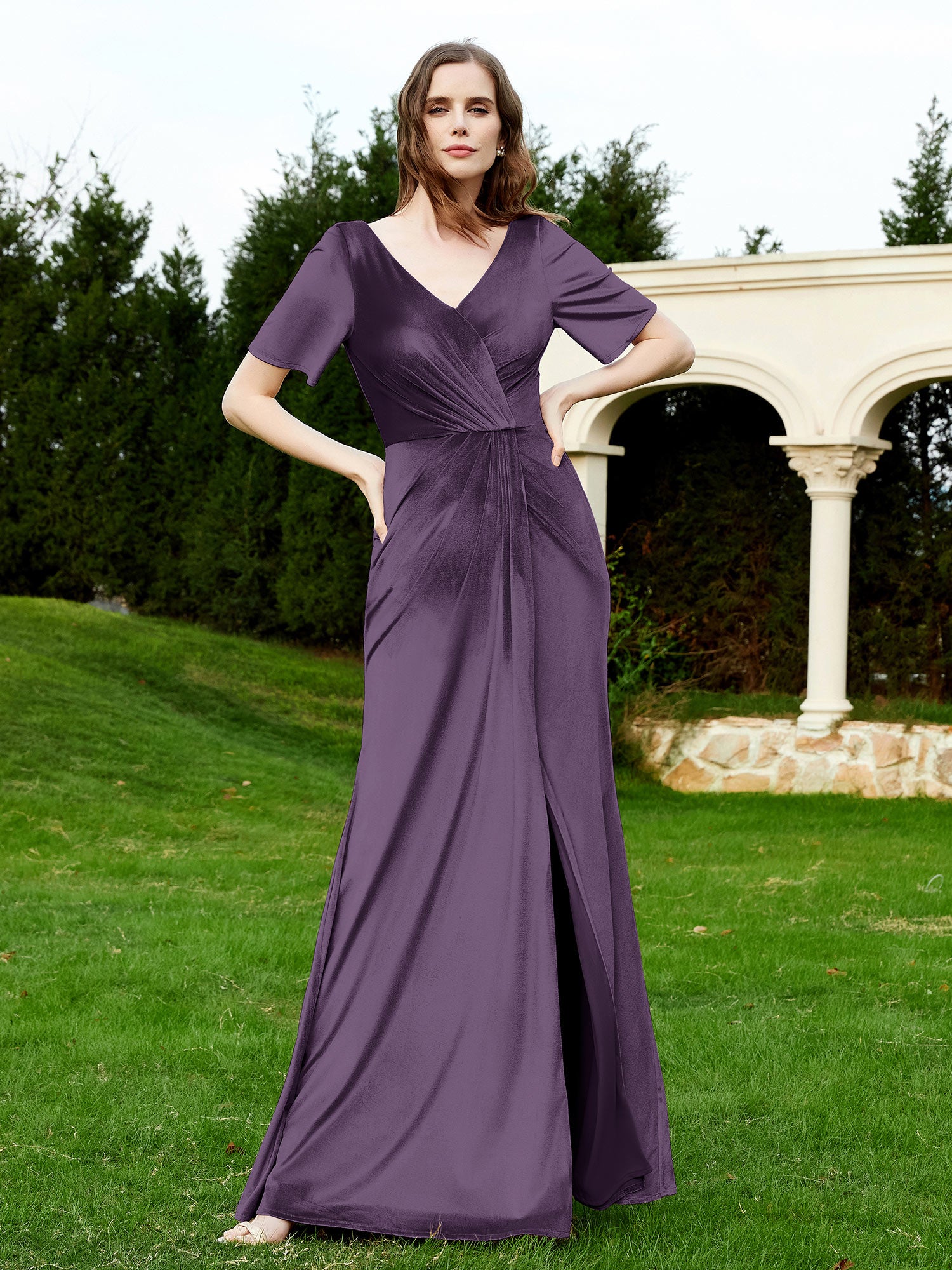 Half Sleeve V-neck Velvet Dress With Slit Plum